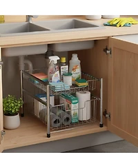 Yigii Free Standing Pull Out Cabinet Organizer Double Sliding Wire Baskets Top Shelf Stackable Metal Storage