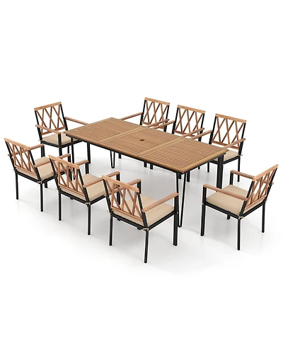 Gymax 9 Pcs Patio Dining Set Rectangular Dining Table w/ Acacia Wood Top Umbrella Hole