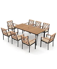 Gymax 9 Pcs Patio Dining Set Rectangular Dining Table w/ Acacia Wood Top Umbrella Hole