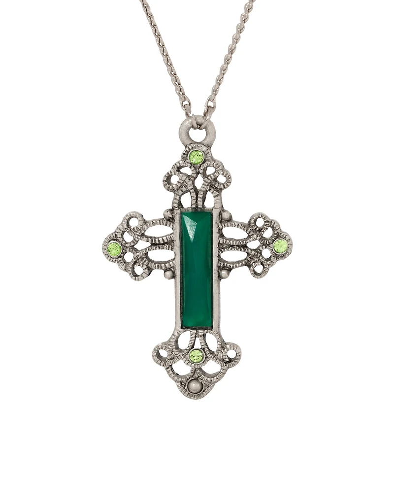 Symbols of Faith Pewter Silver Tone Green Cross Necklace