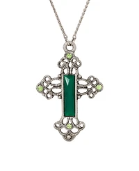 Symbols of Faith Pewter Silver Tone Green Cross Necklace