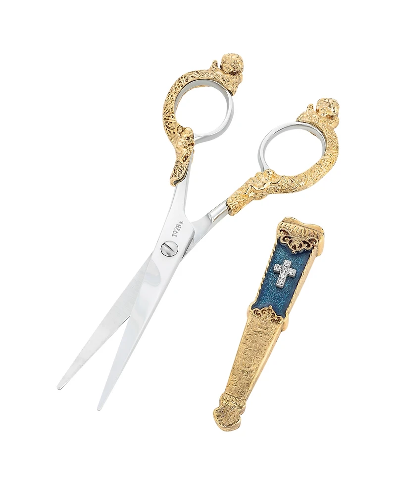 Symbols of Faith Gold Tone Crystal Cross Blue Enamel Scissor Holder with Scissors