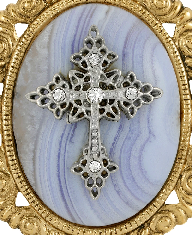 Symbols of Faith 14k Gold Dipped Blue Lace Agate Oval Brooch
