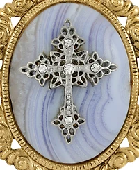 Symbols of Faith 14k Gold Dipped Blue Lace Agate Oval Brooch