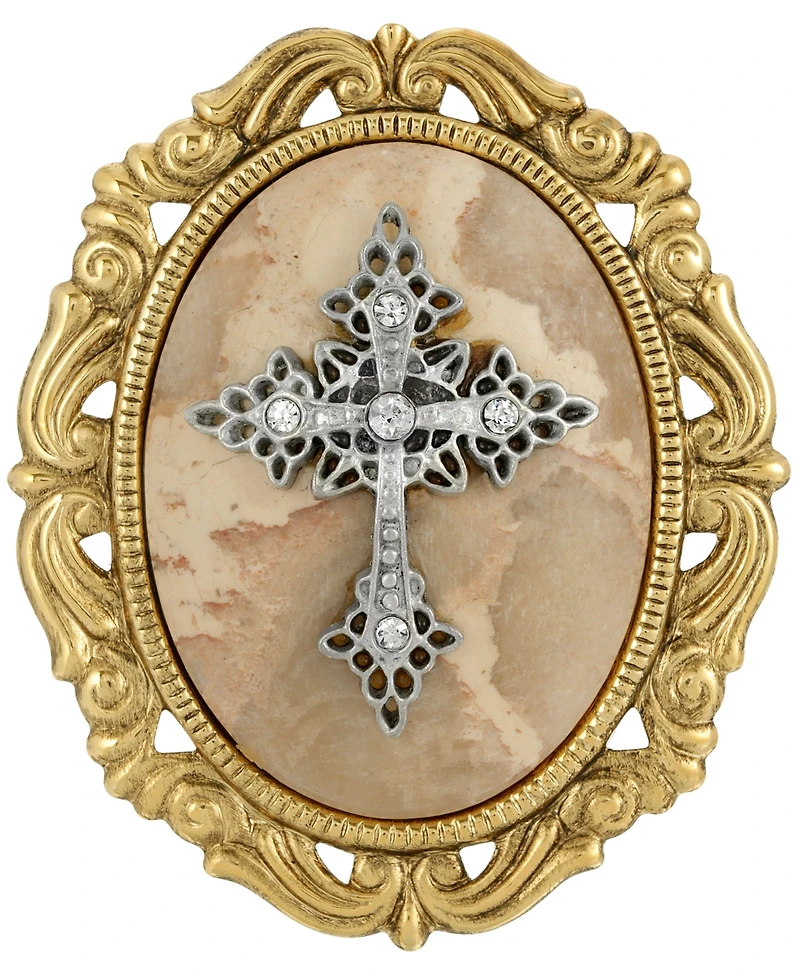 Symbols of Faith 14k Gold Dipped Brown Obsidion Oval Brooch