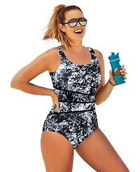 Swimsuits for All Women's Chlorine Resistant Spliced Tank One Piece Swimsuit