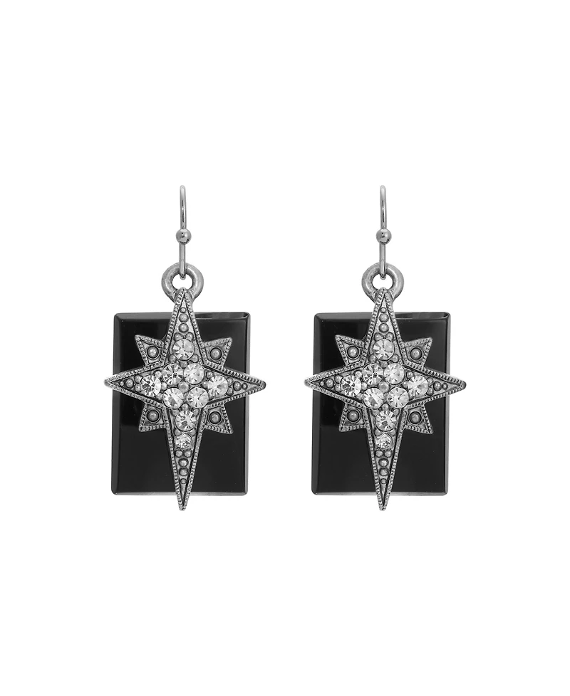 Symbols of Faith Pewter Star of Bethlehem Clear Crystals On Onyx Rectangle Wire Earrings
