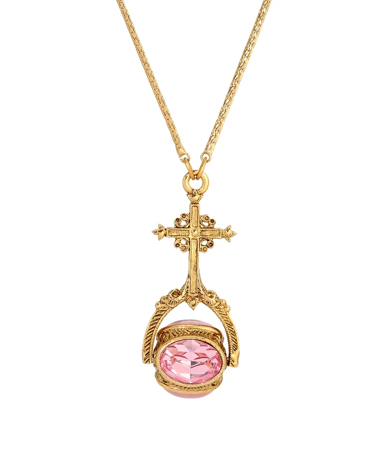 Symbols of Faith 14K Gold Dipped Cross Multi Hue Pink Stones Spinner 30" Necklace