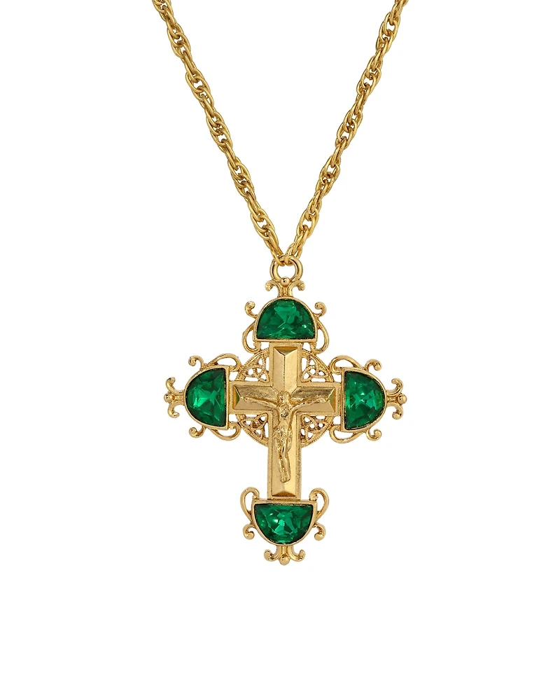 Symbols of Faith Gold-Tone Cross Emerald Green Crystals 28" Necklace