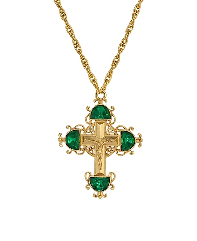 Symbols of Faith Gold-Tone Cross Emerald Green Crystals 28" Necklace