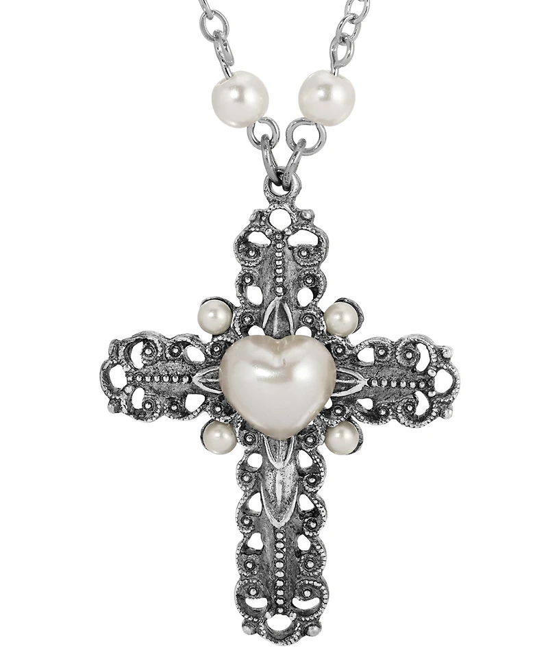 Symbols of Faith Silver-Tone Cross Heart Imitation Pearl 24" Necklace