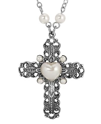 Symbols of Faith Silver-Tone Cross Heart Imitation Pearl 24" Necklace