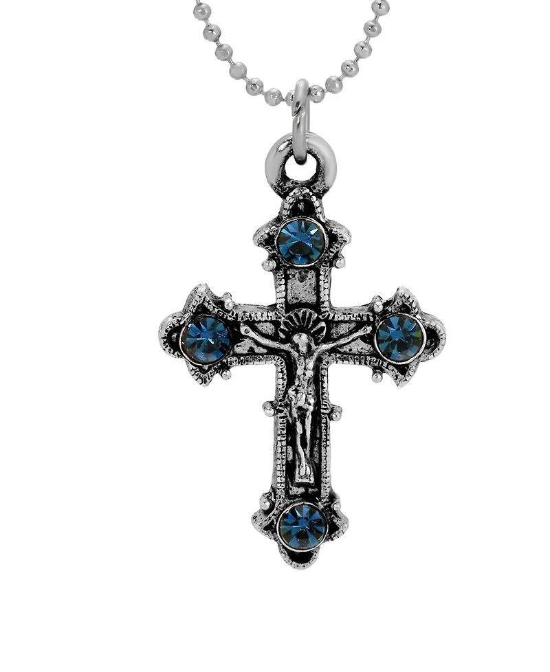 Symbols of Faith Silver-Tone Crucifix Montana Crystals 16" Necklace