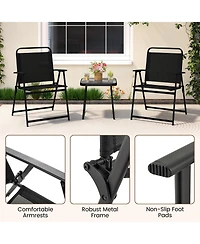 Gymax 3-Piece Patio Furniture Set Folding Fabric Chairs and Marble-Like Top Coffee Table