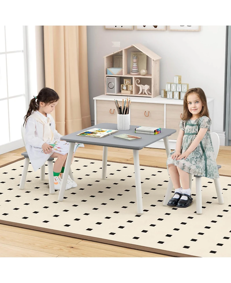 Gymax 3 Pieces Kids Table and Chairs Set Children Wooden Furniture Set w/ Solid Wood Legs