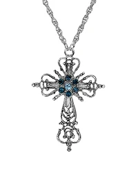 Symbols of Faith Silver-Tone Cross Blue Crystals 30" Necklace