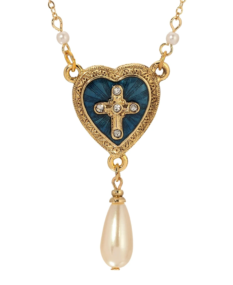 Symbols of Faith Gold-Tone Blue Enamel Heart Cross Teardrop Bead 16" + 3" Necklace