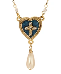 Symbols of Faith Gold-Tone Blue Enamel Heart Cross Teardrop Bead 16" + 3" Necklace