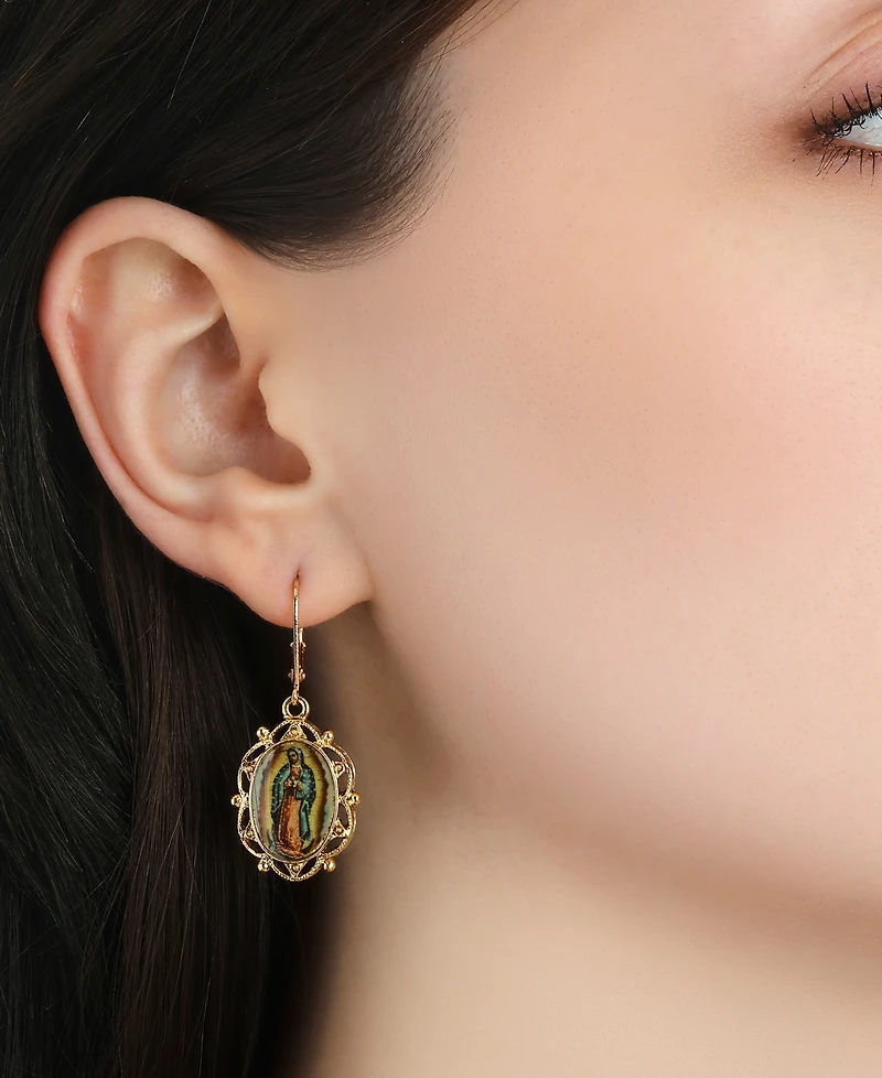 Symbols of Faith Gold Tone Our Lady of Guadalupe Decal Oval Leverback Earrings