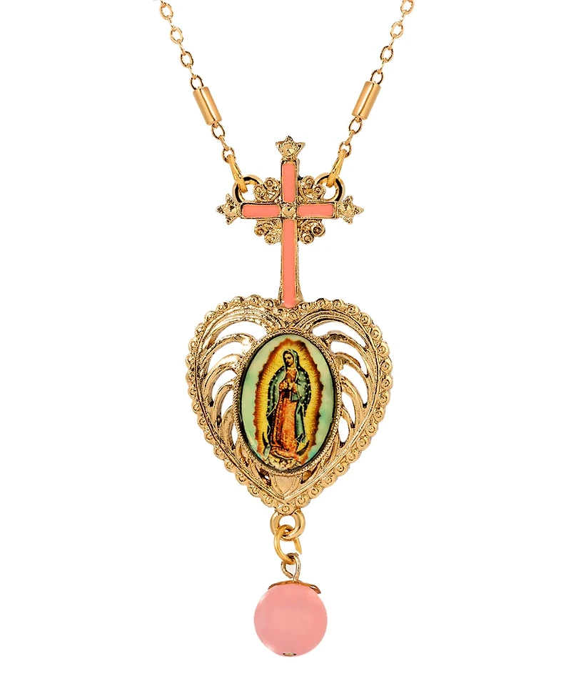 Symbols of Faith Gold-Tone Cross Pink Heart Guadalupe Decal Pendant Bead 28" Necklace