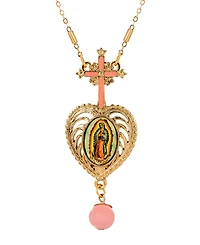 Symbols of Faith Gold-Tone Cross Pink Heart Guadalupe Decal Pendant Bead 28" Necklace