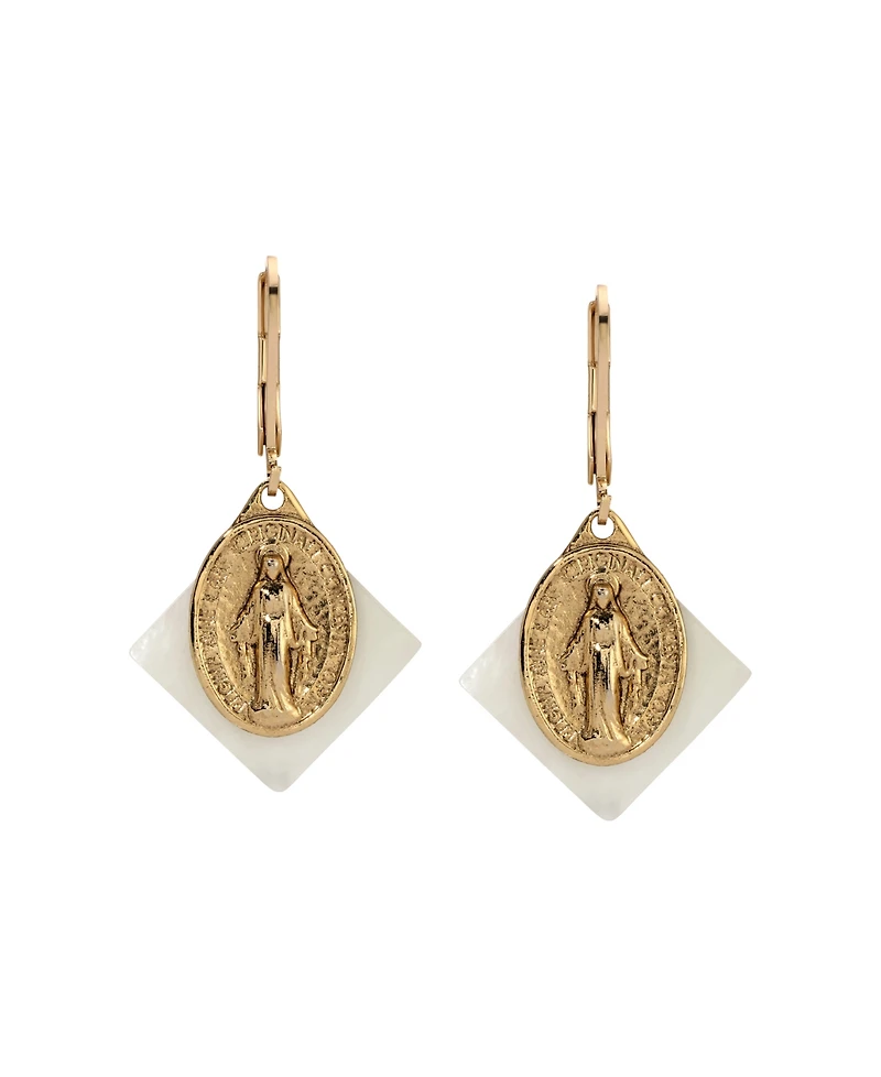 Symbols of Faith Gold Tone Mother Of Pearl Miraculous Medal Leverback Earrings