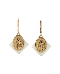 Symbols of Faith Gold Tone Mother Of Pearl Miraculous Medal Leverback Earrings