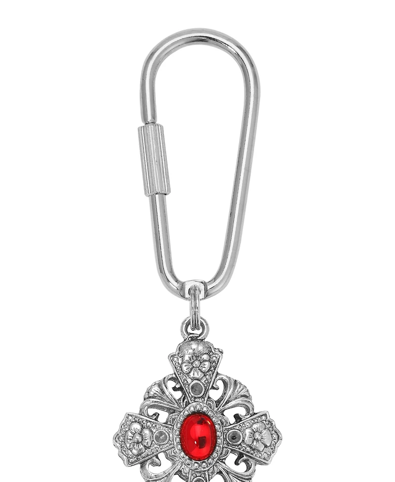 Symbols of Faith Silver Tone Cross Oval Red Stone Key Chain