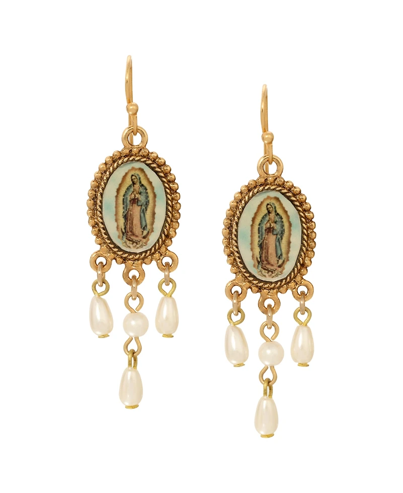 Symbols of Faith Gold Tone Our Lady of Guadalupe Faux Pearl Drops Hand Enamel Wire Earrings