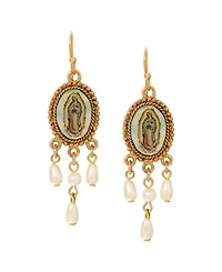 Symbols of Faith Gold Tone Our Lady of Guadalupe Faux Pearl Drops Hand Enamel Wire Earrings