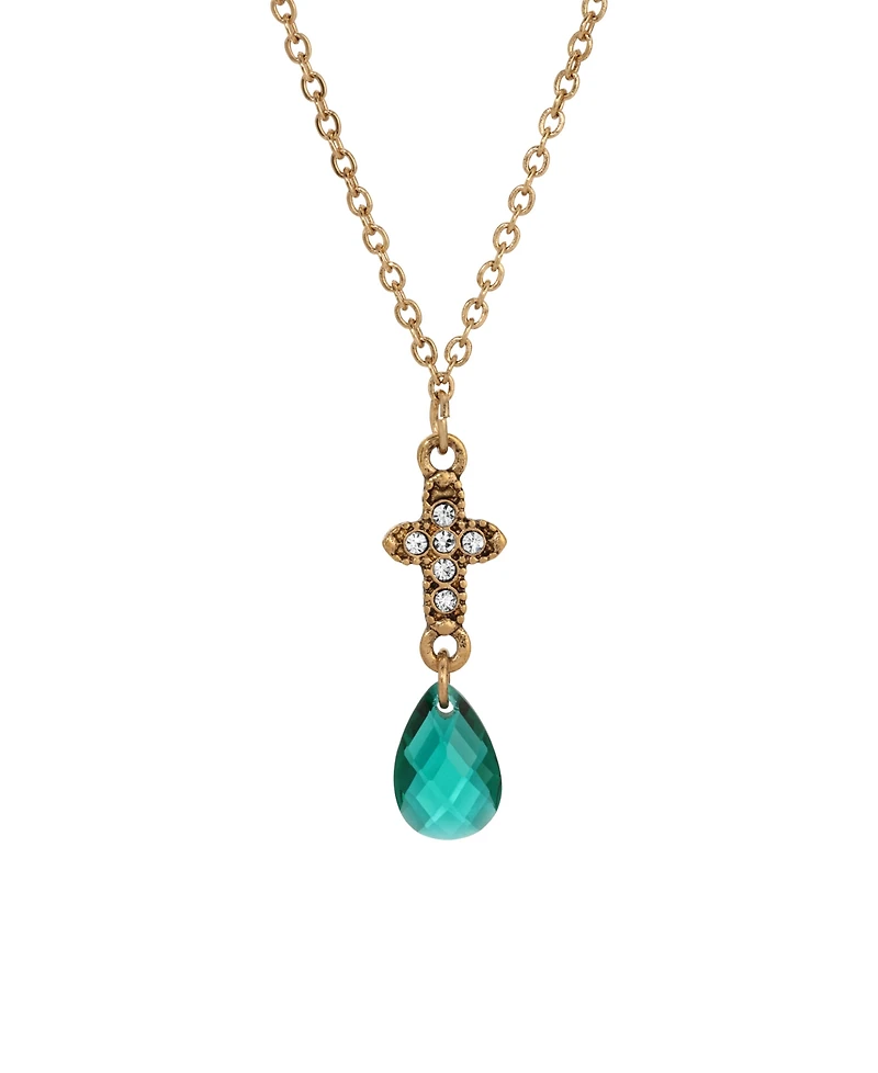 Symbols of Faith Gold-Tone Cross Clear Crystals Clear Briolette Drop 16" Necklace