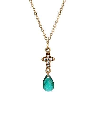 Symbols of Faith Gold-Tone Cross Clear Crystals Clear Briolette Drop 16" Necklace
