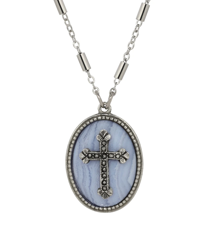 Symbols of Faith Silver-Tone Oval Blue Lace Stone Pewter Cross 18" Necklace