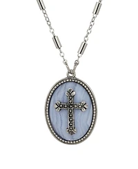 Symbols of Faith Silver-Tone Oval Blue Lace Stone Pewter Cross 18" Necklace