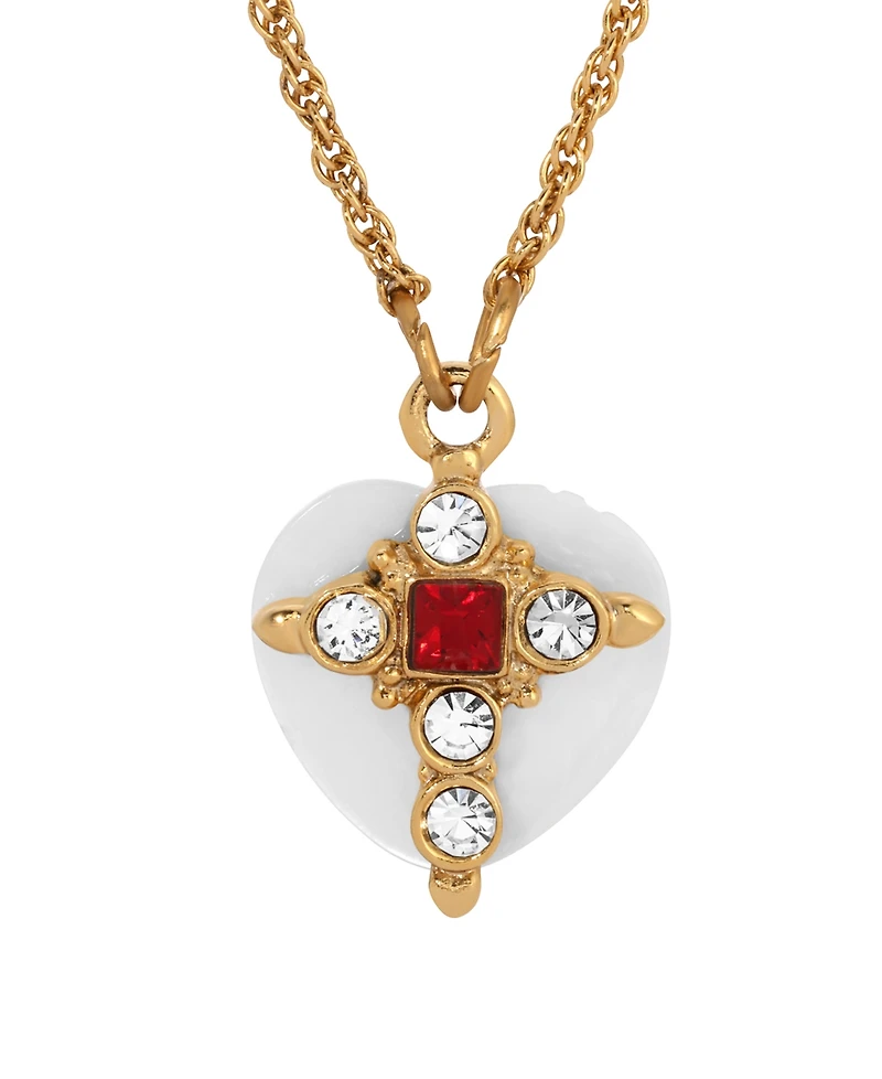 Symbols of Faith 14k Gold Dipped Clear Red Crystals Imitation Pearl Heart 16"+3" Necklace