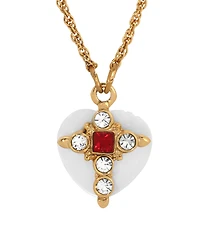 Symbols of Faith 14k Gold Dipped Clear Red Crystals Imitation Pearl Heart 16"+3" Necklace