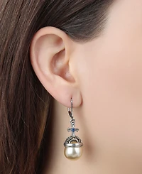 Symbols of Faith Silver Tone Faux Pearl Stone Blue Crystal Cross Leverback Earrings