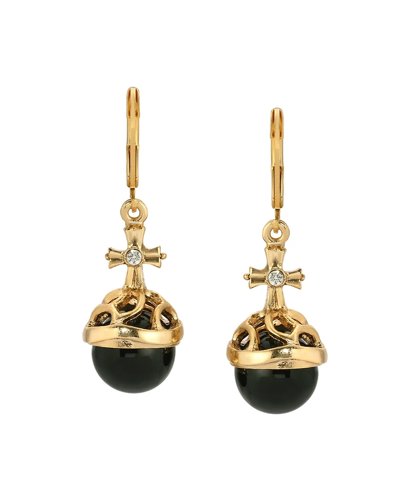 Symbols of Faith 14K Gold Dipped Faux Pearl Stone Clear Crystal Cross Leverback Earrings