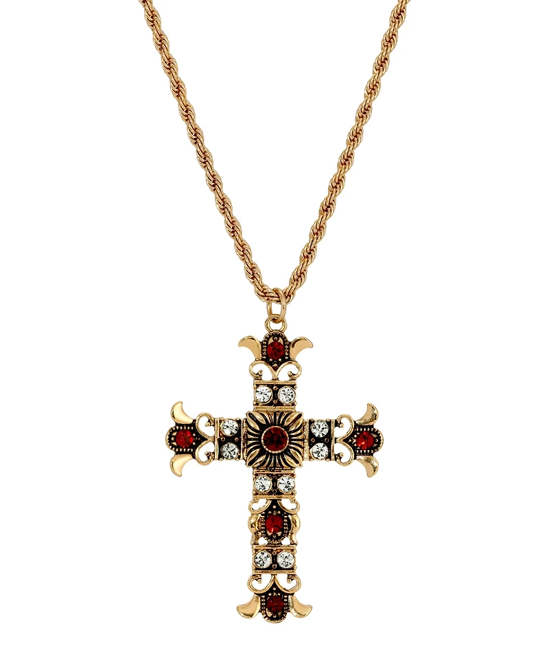 Symbols of Faith Gold-Tone Cross Clear Crystals Siam Beads 16"+3" Necklace
