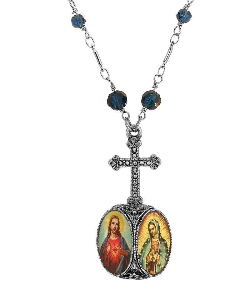 Symbols of Faith Silver-Tone Cross 2-Sided Jesus Decal Pendant Bead Chain Necklace
