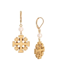 Symbols of Faith Gold Tone Faux Pearl Bead Jerusalem Cross Leverback Earrings