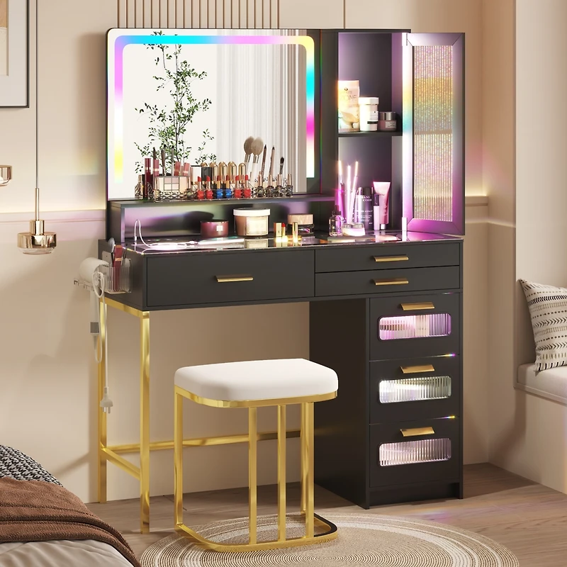 Vlsrka Led Vanity Desk Set with Rgb Mirror, Remote & Charging Station