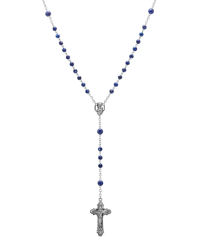 Symbols of Faith Silver-tone Dark Red Beaded Crucifix Rosary Necklace