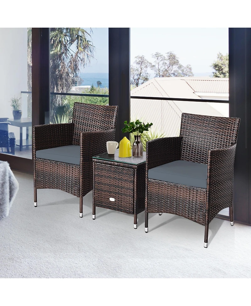 Gymax 3PCS Patio Rattan Chair & Table Furniture Set Outdoor w/ Beige Cushion