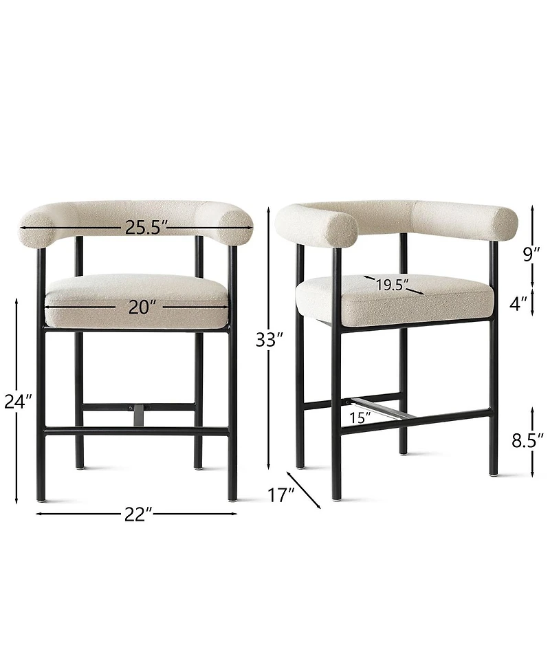 Maison Boucle 24" Boucle Counter Height Bar Stools with Arms, Metal Frame, Set of 2