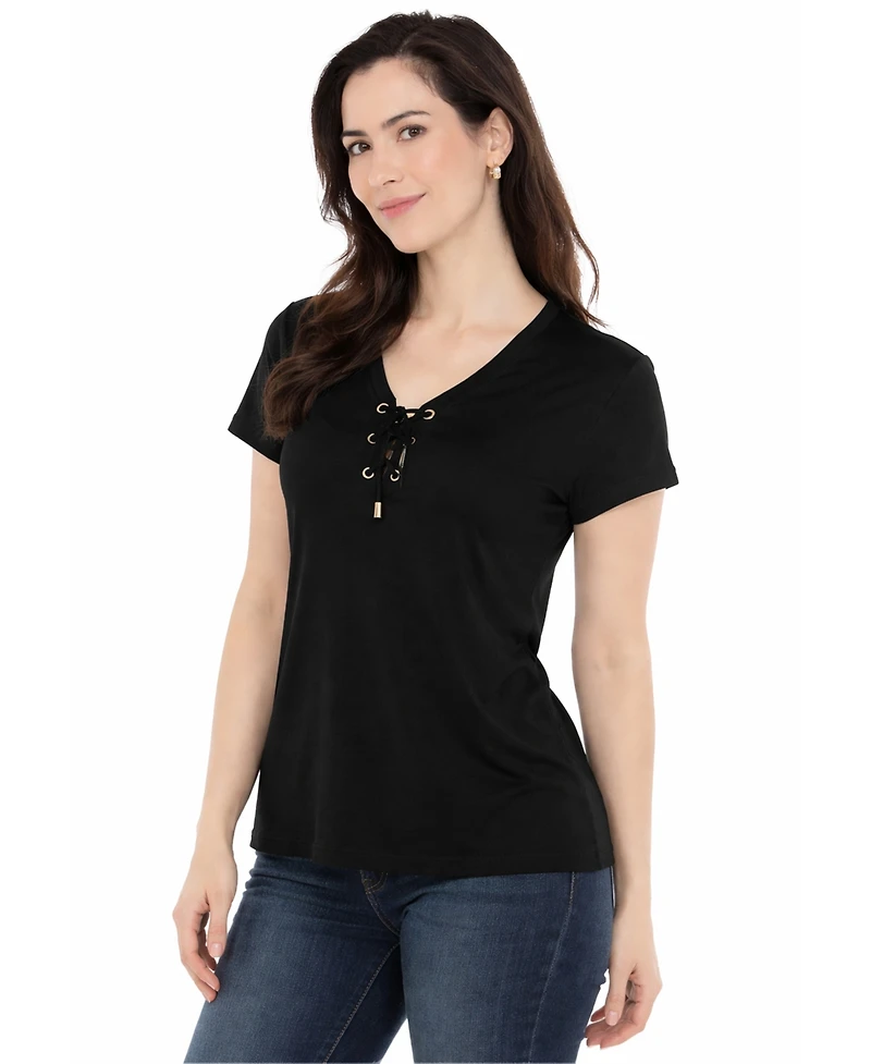 White Mark Women's V-Neck Front-Tie Pullover Top