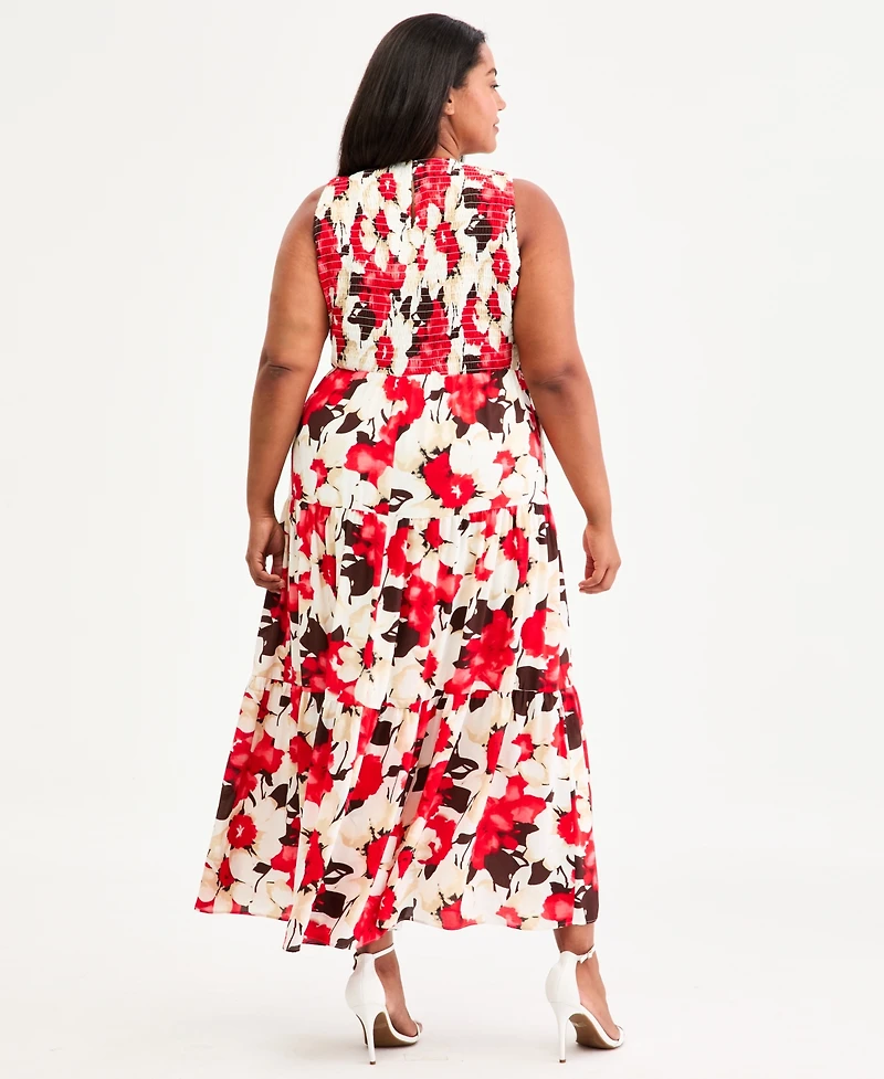 Anne Klein Plus Smocked-Bodice Tiered Maxi Dress