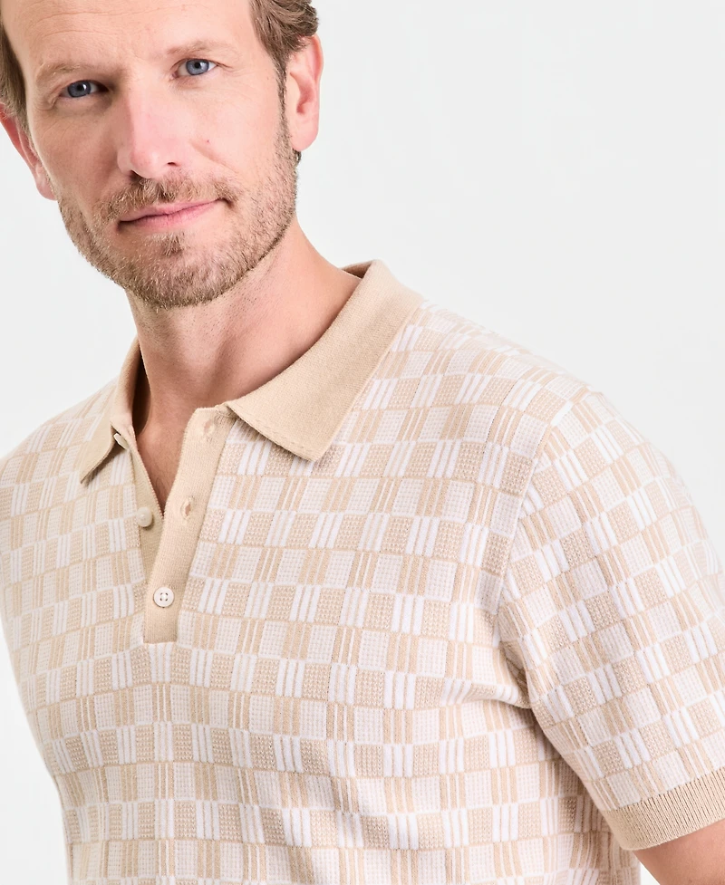 Club Room Men's Geometric Jacquard Short-Sleeve Sweater Polo Shirt, Macy's Exclusive - Tedd Box Geo Knit