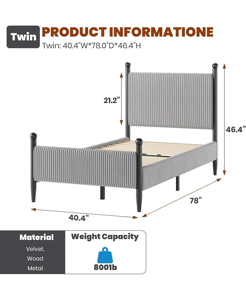 gaomon Twin Upholstered Bed Frame with Velvet Headboard, Corduroy Platform, Wood Slats Support