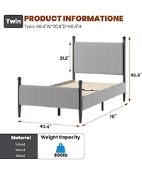 gaomon Twin Upholstered Bed Frame with Velvet Headboard, Corduroy Platform, Wood Slats Support